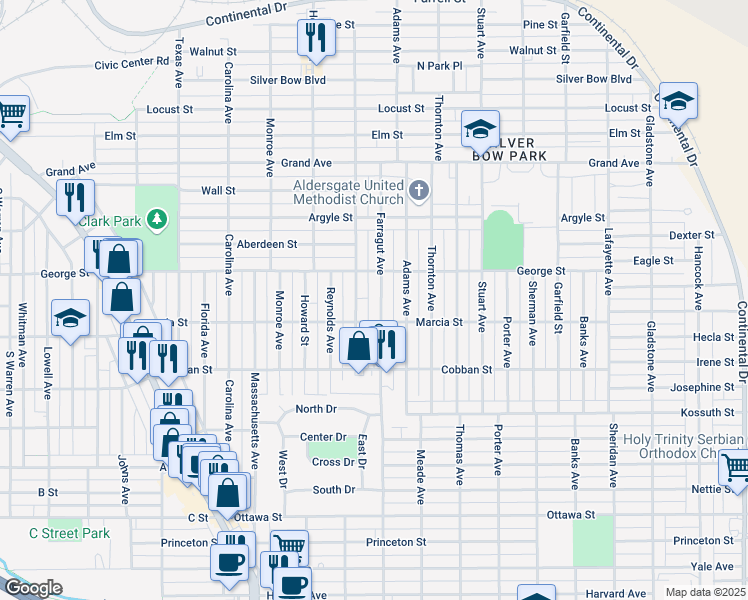 map of restaurants, bars, coffee shops, grocery stores, and more near 1817 Farragut Avenue in Butte