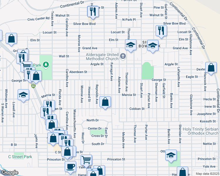 map of restaurants, bars, coffee shops, grocery stores, and more near 1817 Farragut Avenue in Butte