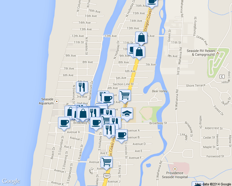 map of restaurants, bars, coffee shops, grocery stores, and more near 796 3rd Avenue in Seaside