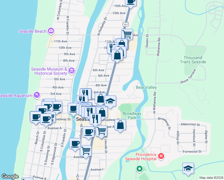 map of restaurants, bars, coffee shops, grocery stores, and more near 1040 3rd Avenue in Seaside