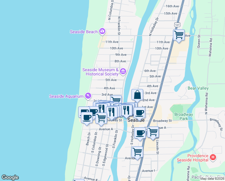 map of restaurants, bars, coffee shops, grocery stores, and more near 422 3rd Avenue in Seaside