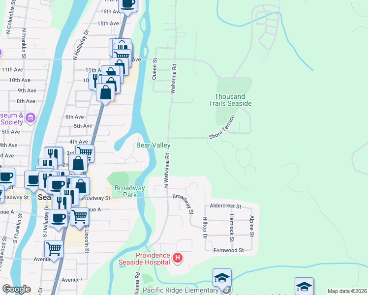 map of restaurants, bars, coffee shops, grocery stores, and more near 495 North Wahanna Road in Seaside