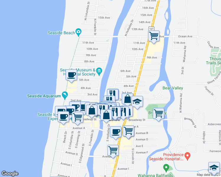 map of restaurants, bars, coffee shops, grocery stores, and more near 607 4th Avenue in Seaside