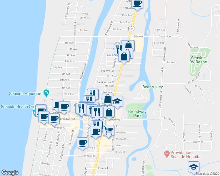 map of restaurants, bars, coffee shops, grocery stores, and more near 940 3rd Avenue in Seaside