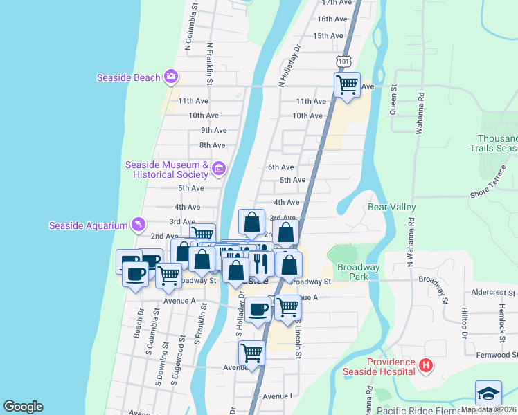 map of restaurants, bars, coffee shops, grocery stores, and more near 321 North Holladay Drive in Seaside