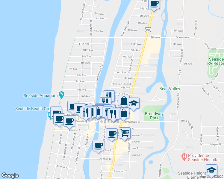 map of restaurants, bars, coffee shops, grocery stores, and more near 321 North Holladay Drive in Seaside