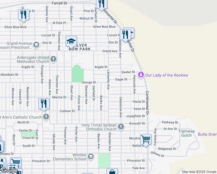 map of restaurants, bars, coffee shops, grocery stores, and more near 2700 Fairmont Street in Butte