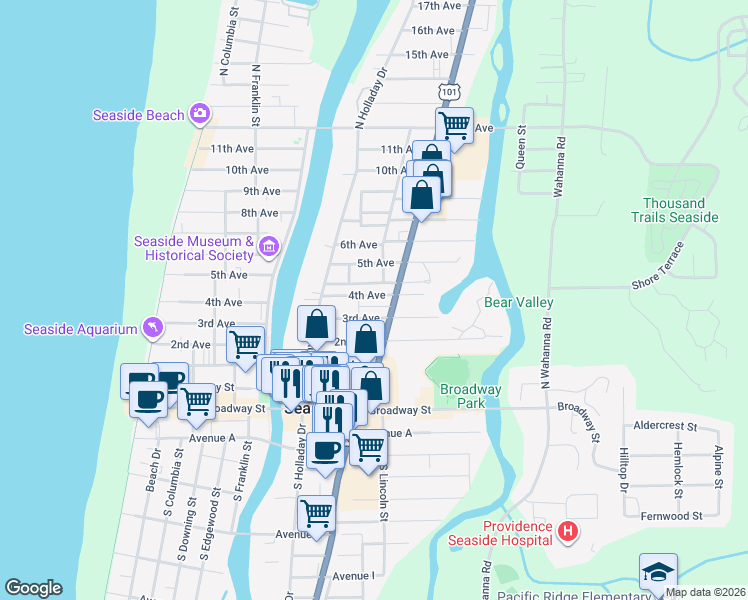 map of restaurants, bars, coffee shops, grocery stores, and more near 925 4th Avenue in Seaside