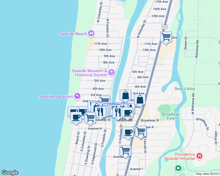 map of restaurants, bars, coffee shops, grocery stores, and more near 400 Necanicum Drive in Seaside