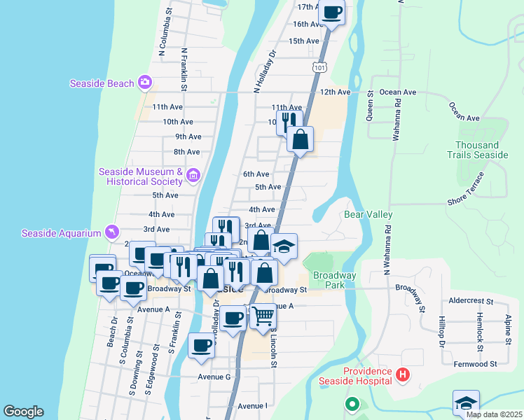 map of restaurants, bars, coffee shops, grocery stores, and more near 796 3rd Avenue in Seaside
