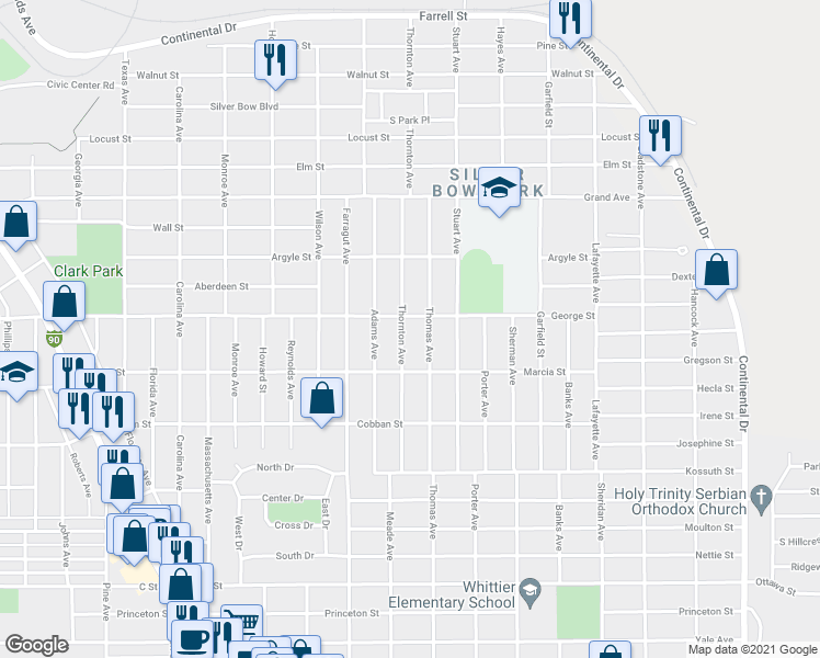 map of restaurants, bars, coffee shops, grocery stores, and more near 1808 Thornton Avenue in Butte