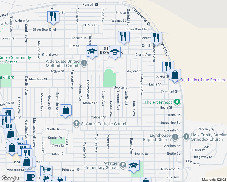 map of restaurants, bars, coffee shops, grocery stores, and more near 1820 Porter Avenue in Butte
