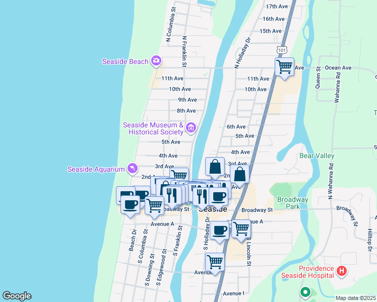 map of restaurants, bars, coffee shops, grocery stores, and more near 400 Necanicum Drive in Seaside