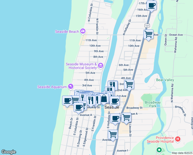 map of restaurants, bars, coffee shops, grocery stores, and more near 422 3rd Avenue in Seaside