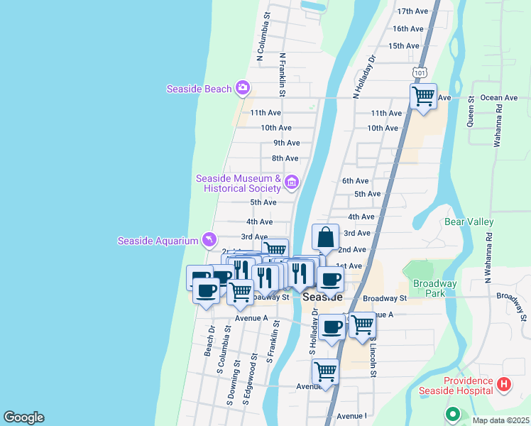 map of restaurants, bars, coffee shops, grocery stores, and more near 422 3rd Avenue in Seaside