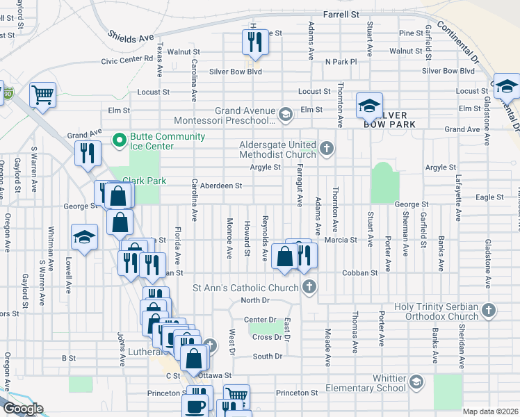map of restaurants, bars, coffee shops, grocery stores, and more near 1818 Reynolds Avenue in Butte