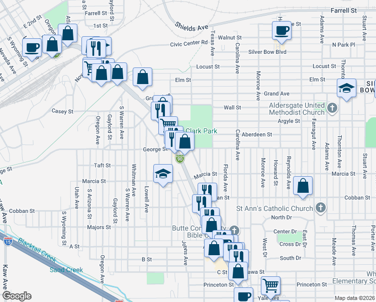 map of restaurants, bars, coffee shops, grocery stores, and more near 1848 Harrison Avenue in Butte