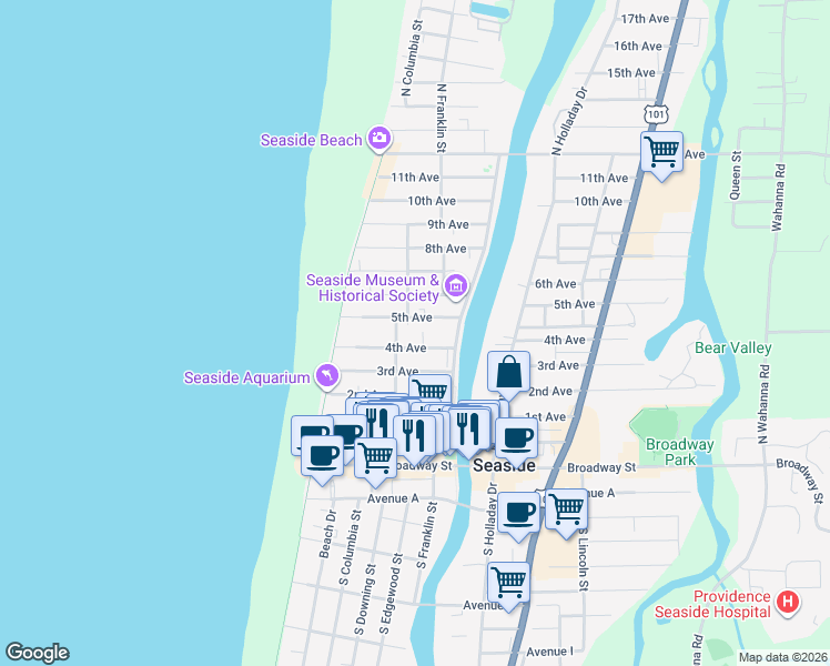 map of restaurants, bars, coffee shops, grocery stores, and more near 422 3rd Avenue in Seaside