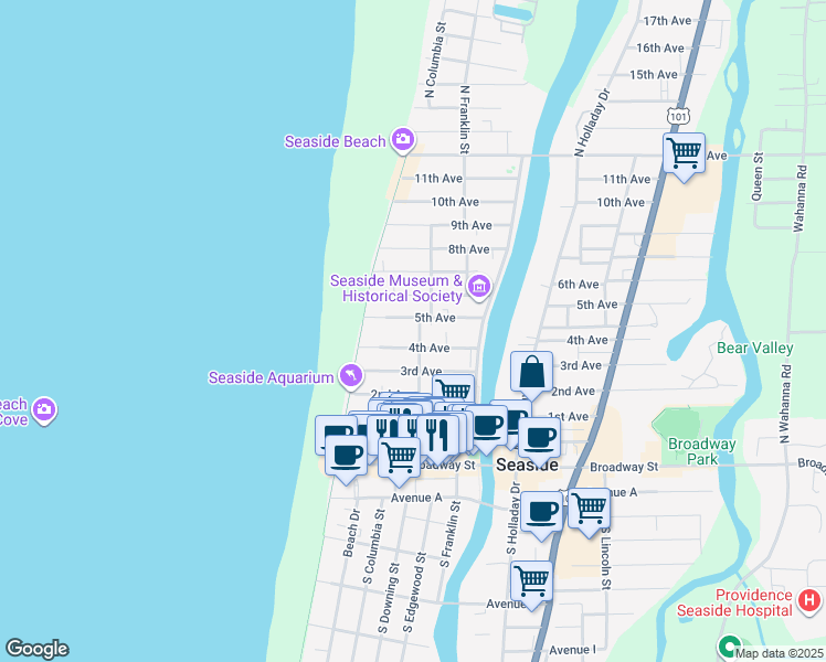 map of restaurants, bars, coffee shops, grocery stores, and more near 225 6th Avenue in Seaside
