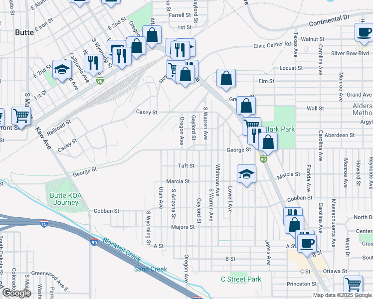 map of restaurants, bars, coffee shops, grocery stores, and more near 1095 George Street in Butte