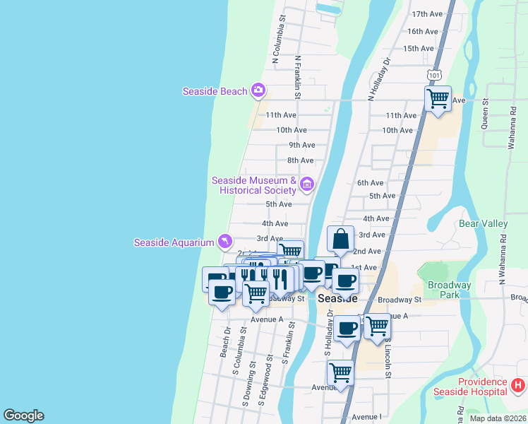 map of restaurants, bars, coffee shops, grocery stores, and more near 225 6th Avenue in Seaside
