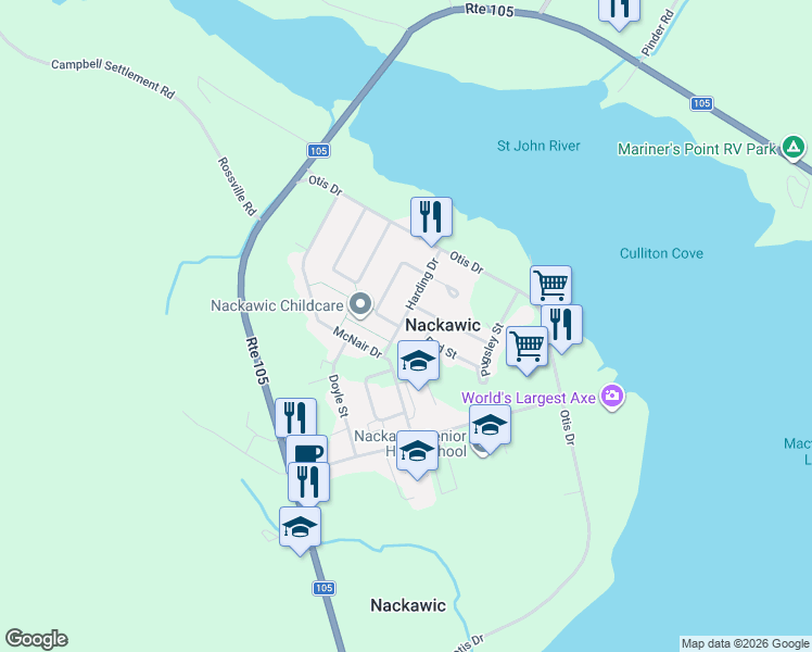 map of restaurants, bars, coffee shops, grocery stores, and more near in Nackawic