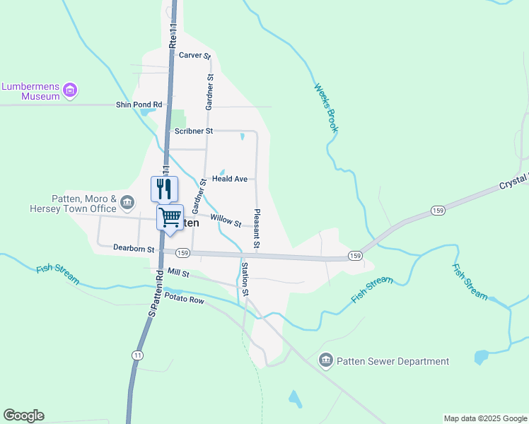 map of restaurants, bars, coffee shops, grocery stores, and more near 35 Pleasant Street in Patten
