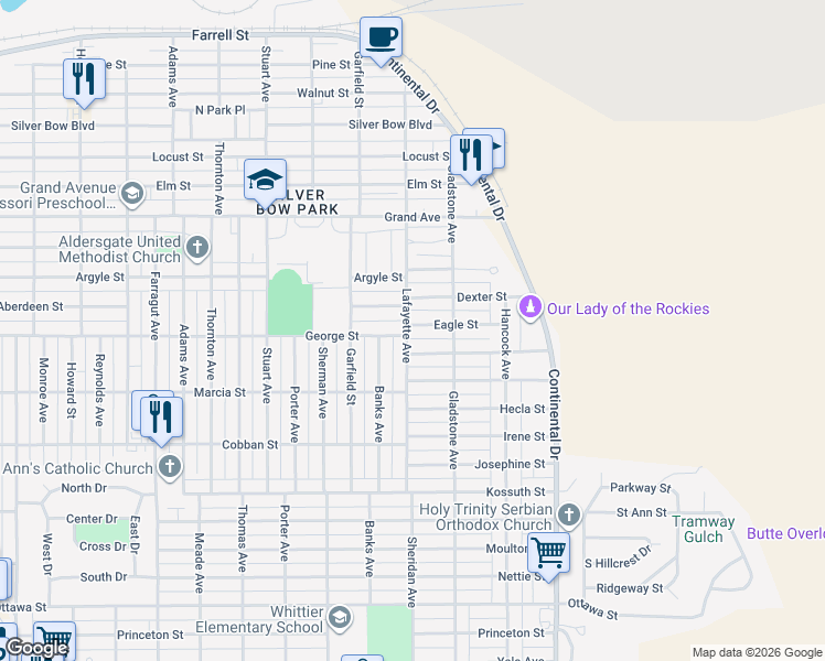map of restaurants, bars, coffee shops, grocery stores, and more near 1800 Lafayette Avenue in Butte