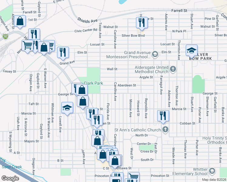 map of restaurants, bars, coffee shops, grocery stores, and more near 2000 Aberdeen Street in Butte