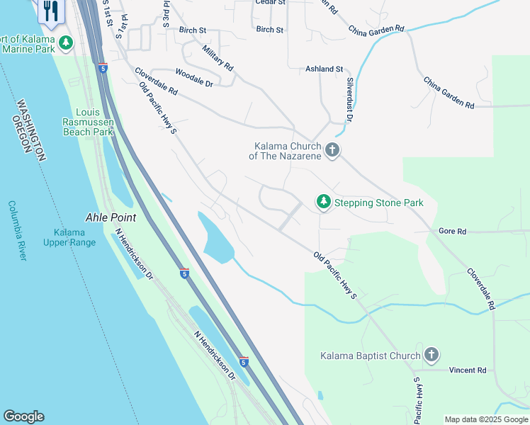 map of restaurants, bars, coffee shops, grocery stores, and more near 201 Rocky Meadow Drive in Kalama