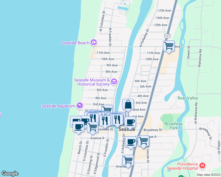 map of restaurants, bars, coffee shops, grocery stores, and more near 327 6th Avenue in Seaside