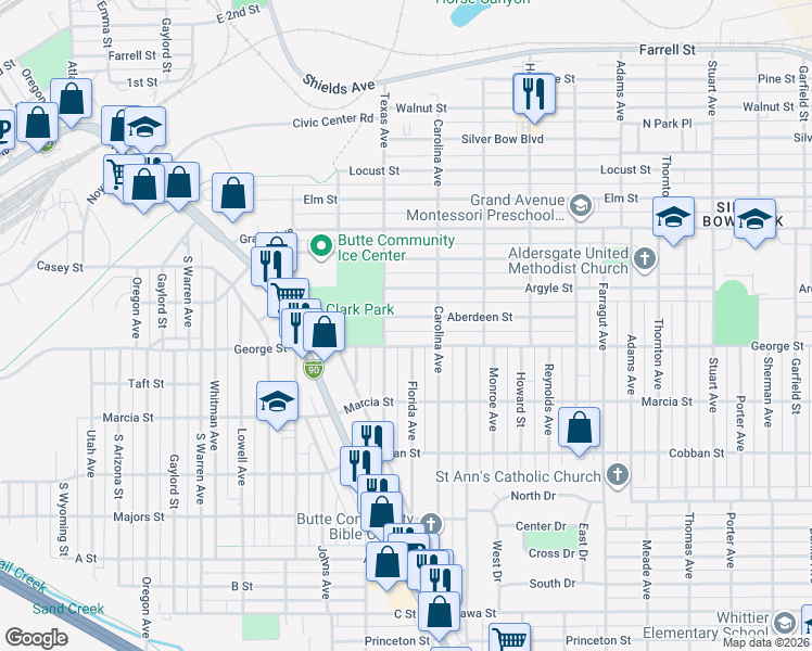 map of restaurants, bars, coffee shops, grocery stores, and more near 1924 Aberdeen Street in Butte