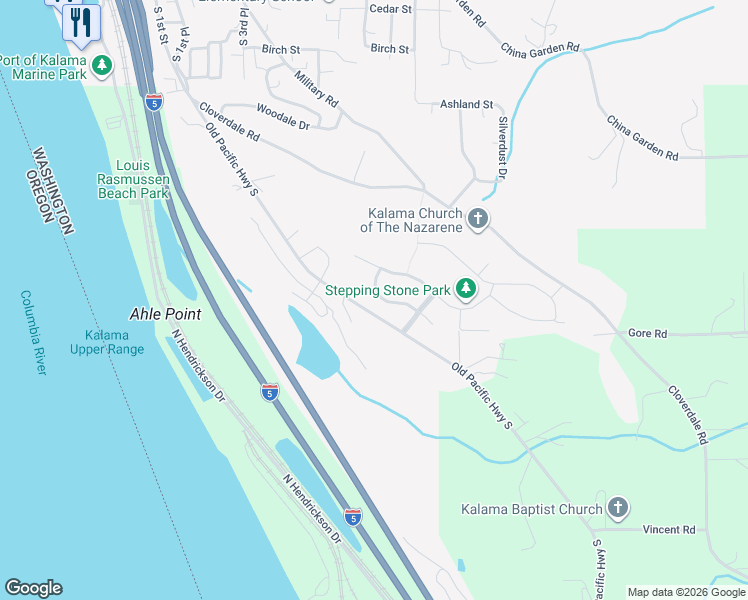 map of restaurants, bars, coffee shops, grocery stores, and more near 125 Rocky Meadow Drive in Kalama