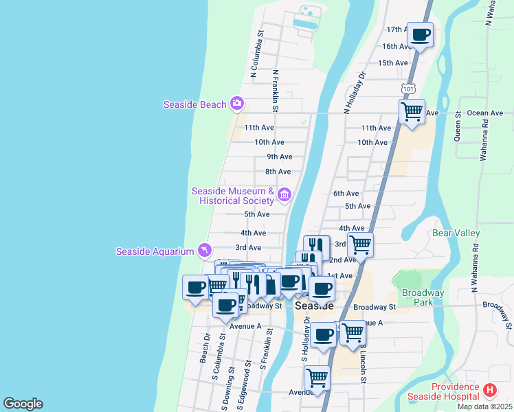 map of restaurants, bars, coffee shops, grocery stores, and more near 327 6th Avenue in Seaside