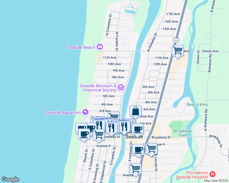 map of restaurants, bars, coffee shops, grocery stores, and more near 327 6th Avenue in Seaside