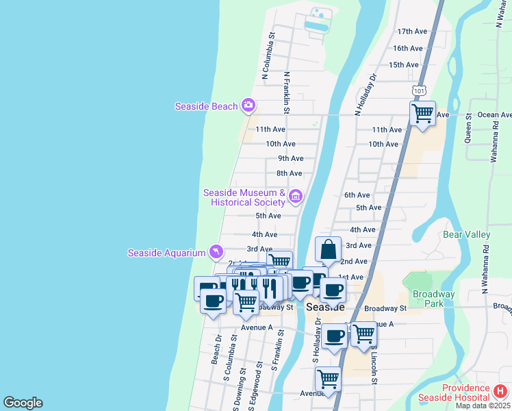 map of restaurants, bars, coffee shops, grocery stores, and more near 225 6th Ave in Seaside