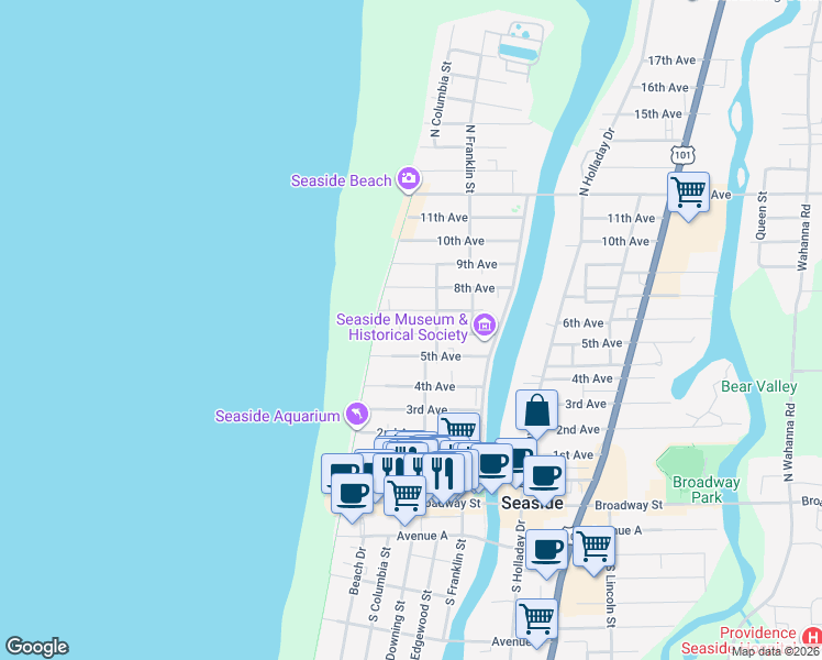 map of restaurants, bars, coffee shops, grocery stores, and more near 144 6th Avenue in Seaside