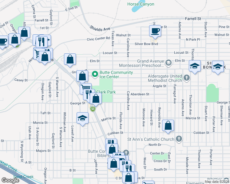 map of restaurants, bars, coffee shops, grocery stores, and more near 1924 Aberdeen Street in Butte