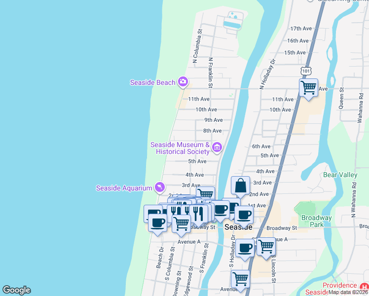 map of restaurants, bars, coffee shops, grocery stores, and more near 144 6th Avenue in Seaside