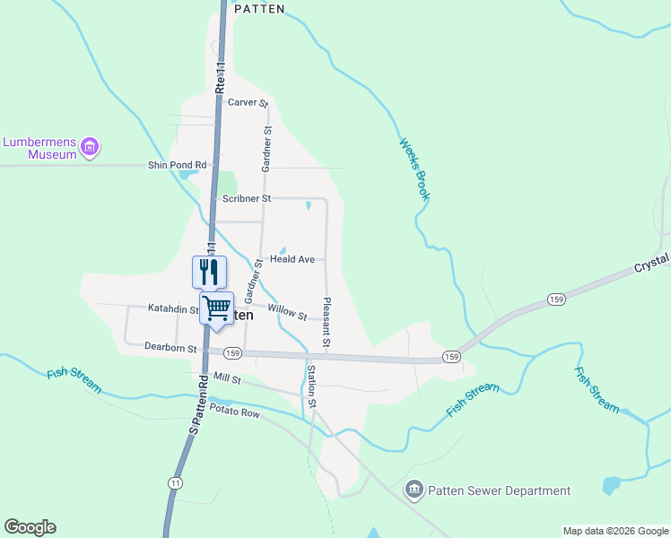 map of restaurants, bars, coffee shops, grocery stores, and more near 35 Pleasant Street in Patten