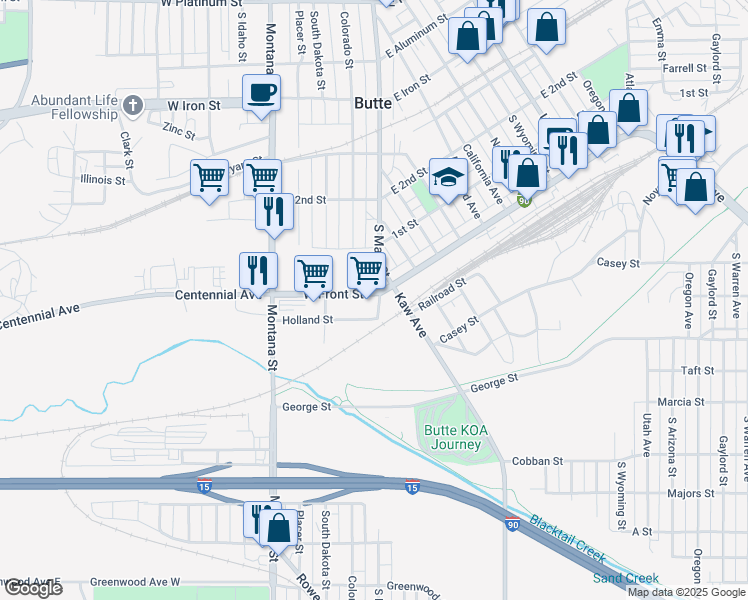 map of restaurants, bars, coffee shops, grocery stores, and more near 2 West Front Street in Butte