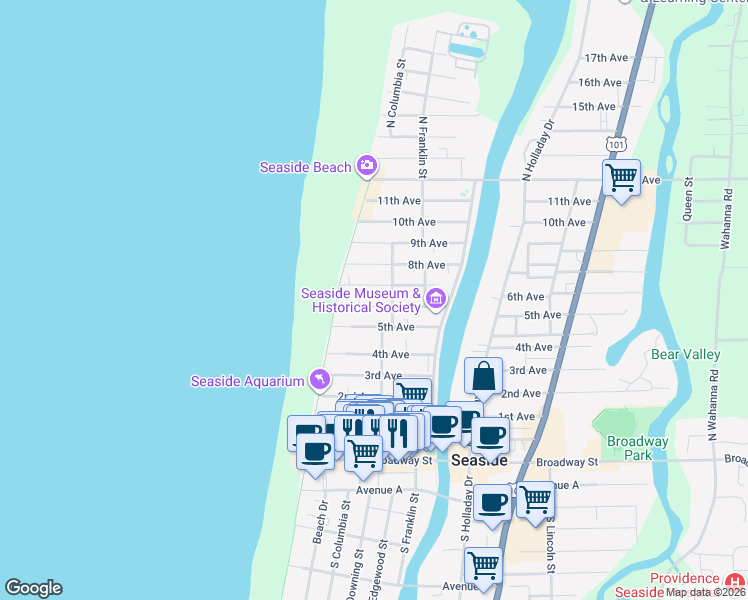 map of restaurants, bars, coffee shops, grocery stores, and more near 225 6th Avenue in Seaside
