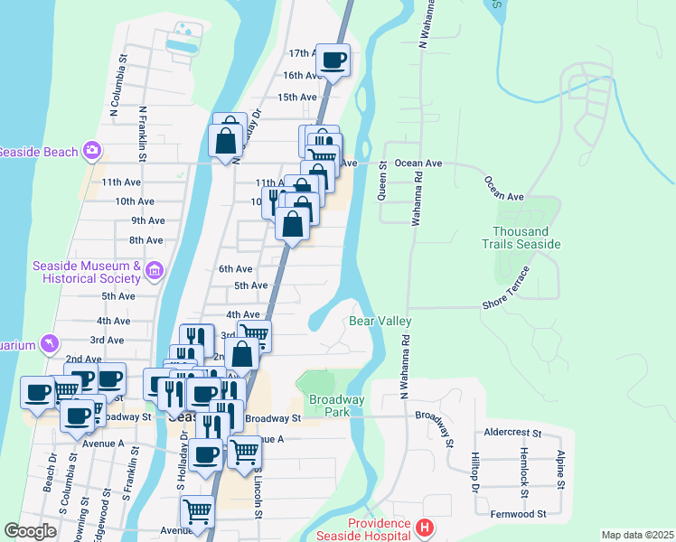 map of restaurants, bars, coffee shops, grocery stores, and more near 1299 6th Avenue in Seaside