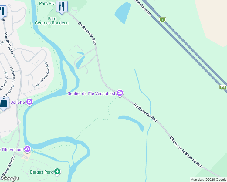 map of restaurants, bars, coffee shops, grocery stores, and more near Boulevard Base-de-Roc in Joliette