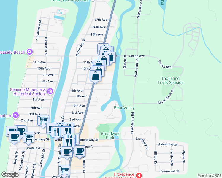 map of restaurants, bars, coffee shops, grocery stores, and more near 1299 6th Avenue in Seaside