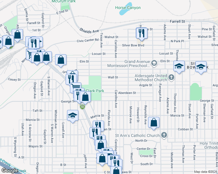 map of restaurants, bars, coffee shops, grocery stores, and more near 1926 Argyle Street in Butte