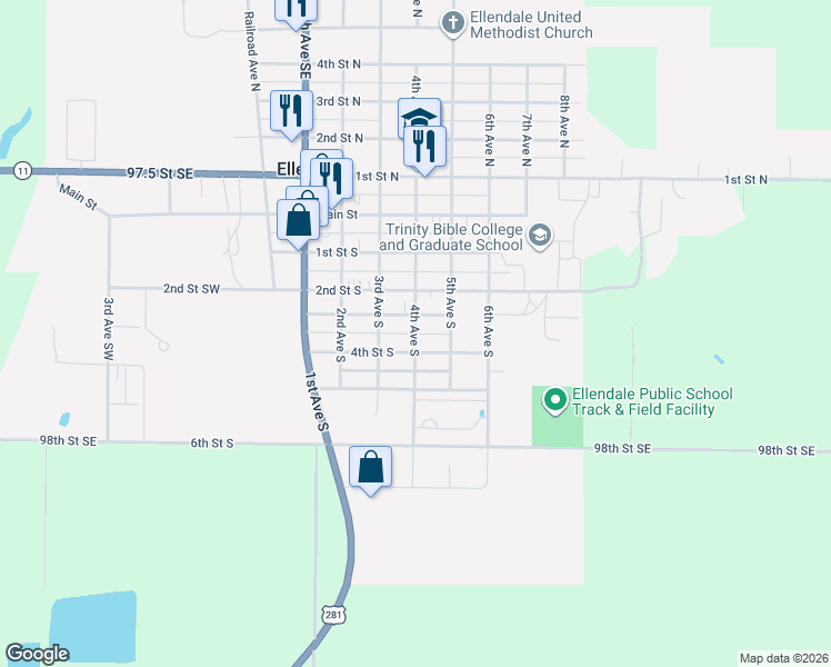 map of restaurants, bars, coffee shops, grocery stores, and more near 4th Avenue South in Ellendale