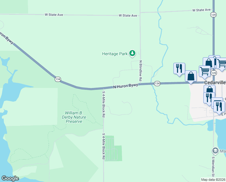 map of restaurants, bars, coffee shops, grocery stores, and more near 676-678 Highway 134 in Cedarville