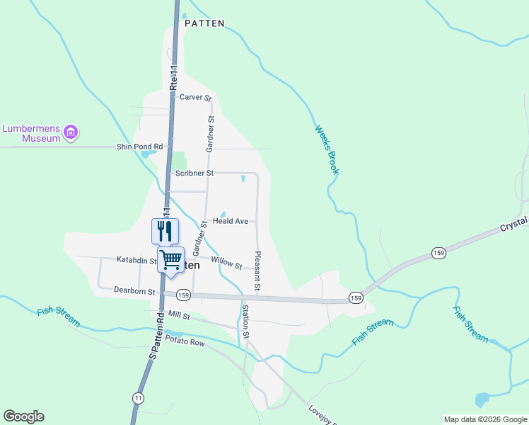 map of restaurants, bars, coffee shops, grocery stores, and more near 61 Pleasant Street in Patten