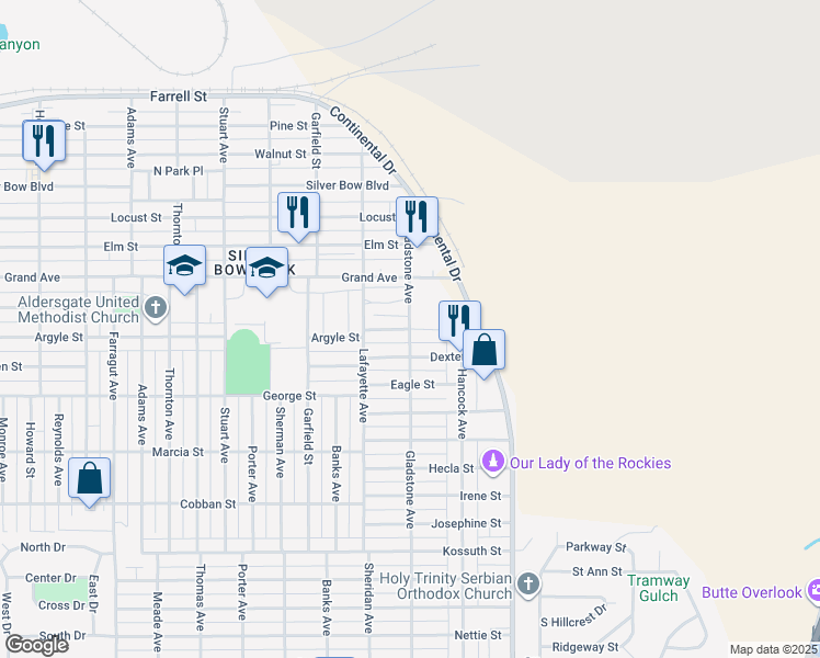 map of restaurants, bars, coffee shops, grocery stores, and more near 1808 Gladstone Avenue in Butte